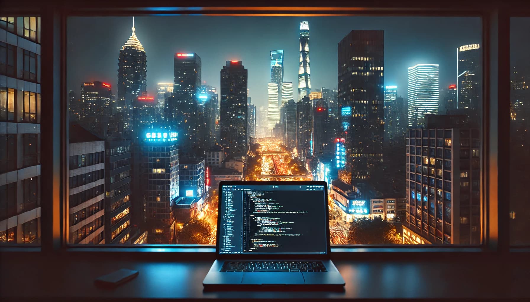 City by night view with laptop